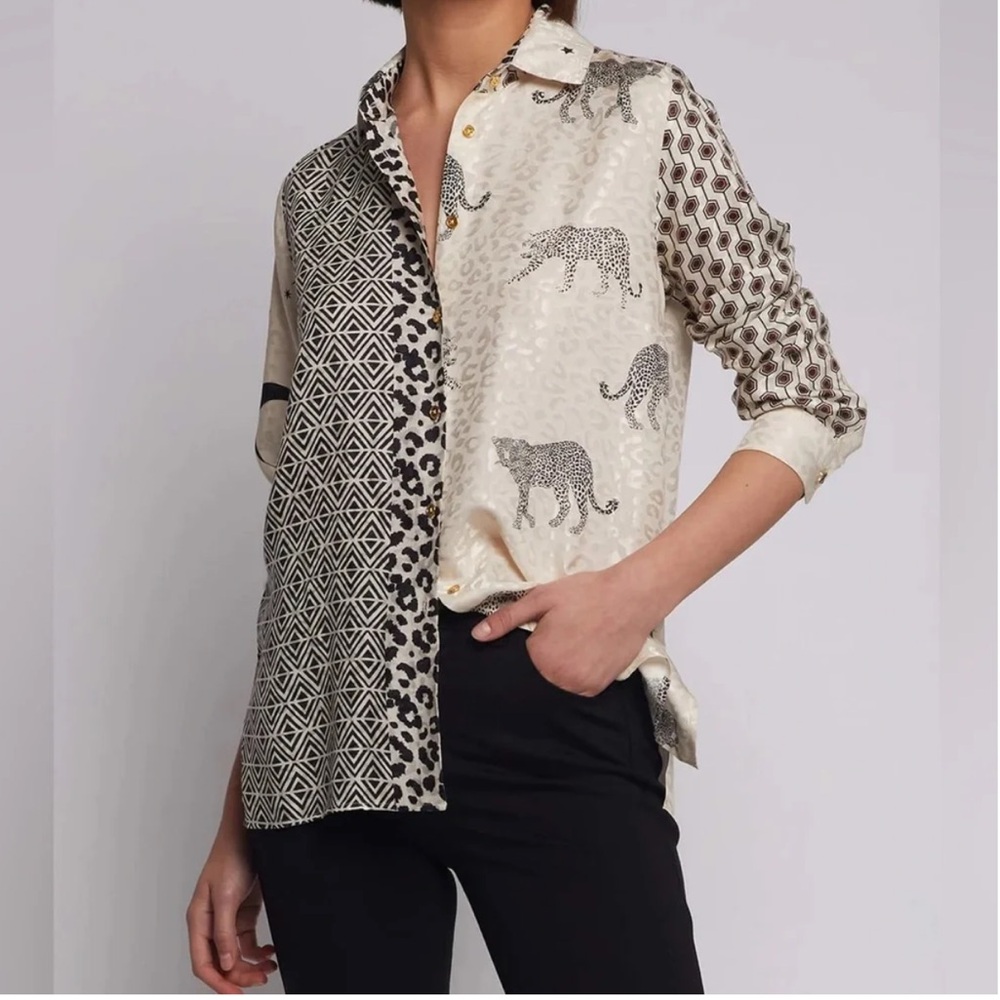 Vilagallo Taupe Mirina Patchwork Print Shirt Leopard Butterfly Button Down Sz 38